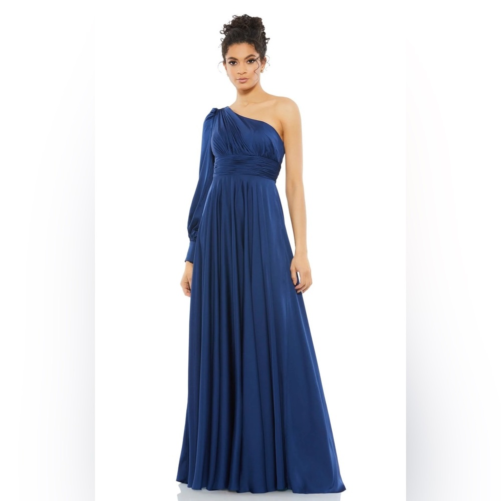 NWT $398 MAC DUGGAL MIDNIGHT One Shoulder Bishop Sleeve Flowy Gown DRESS SATIN